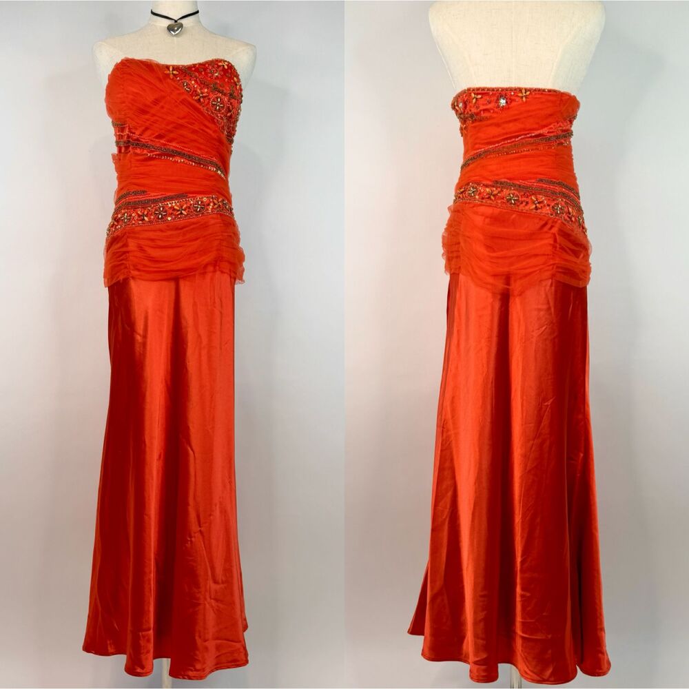 Vintage Orange Strapless Satin Formal Gown Chiffon Beaded Bodice Y2K Fairy Prom